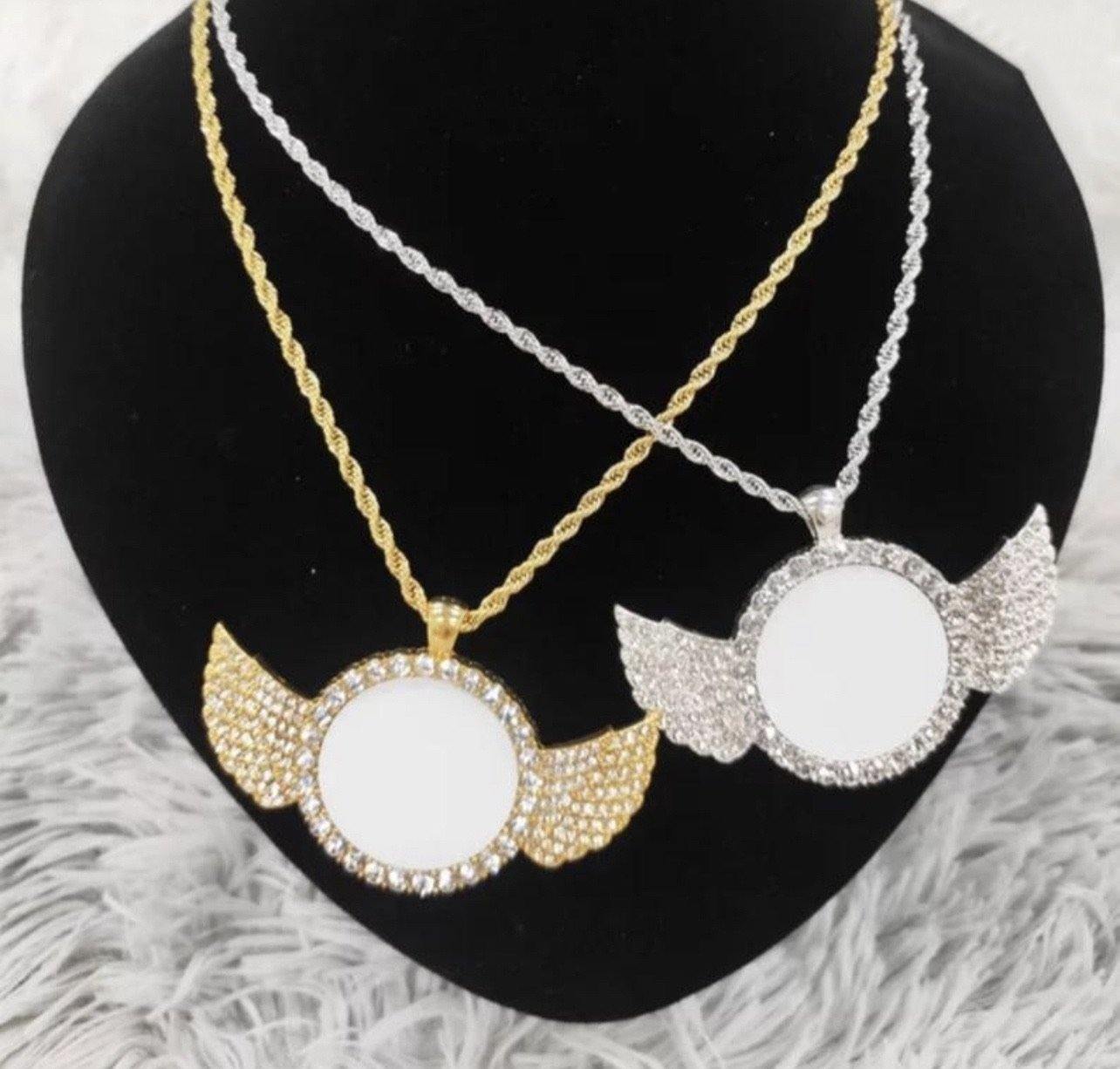 Large Bling Angel Wing Photo Charm Necklace - Family First Designs LLC