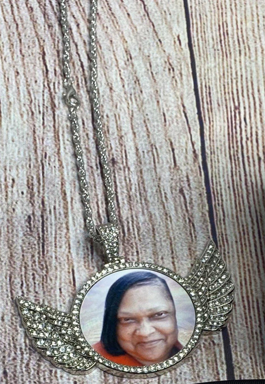 Large Bling Angel Wing Photo Charm Necklace - Family First Designs LLC