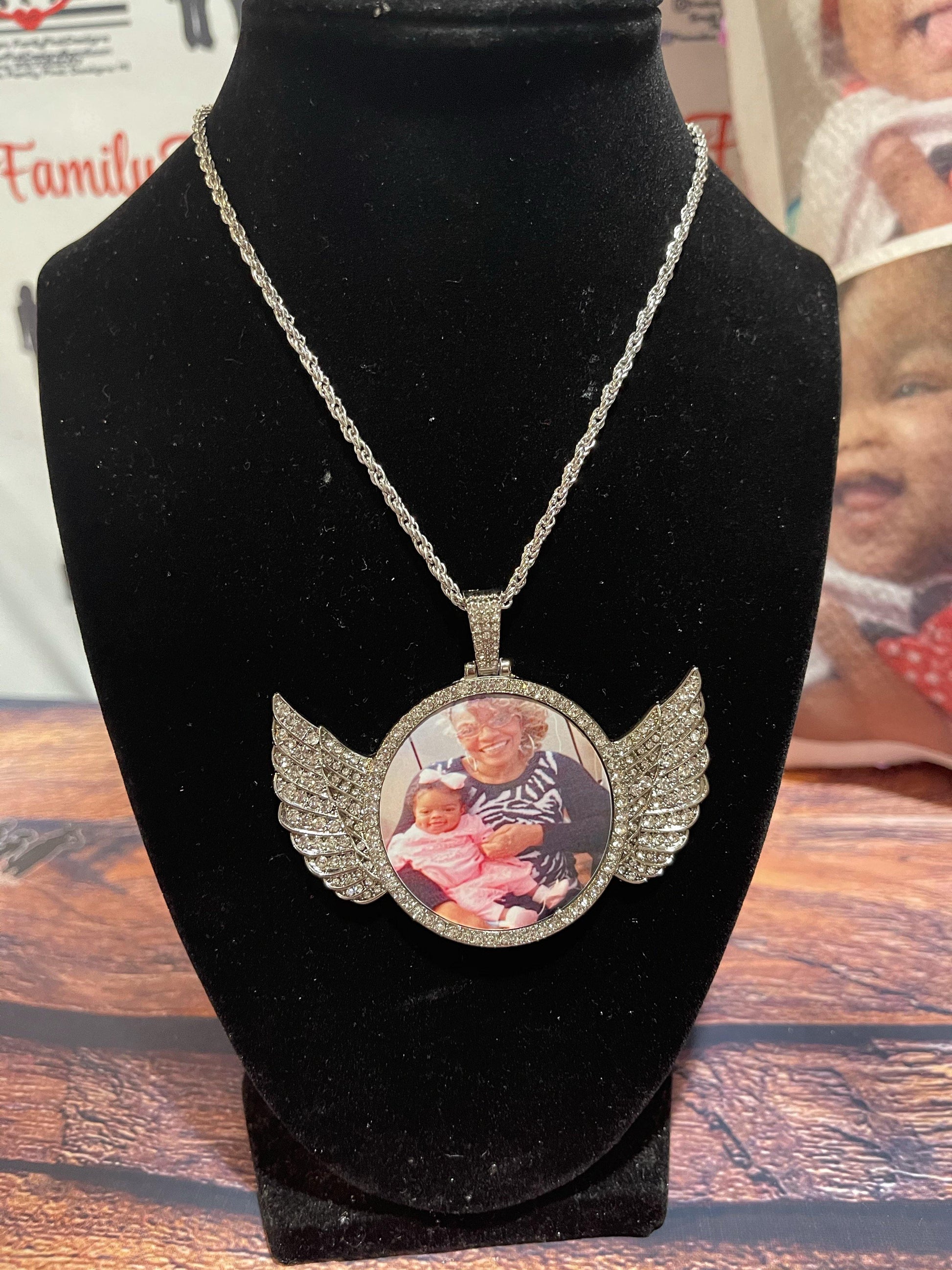Large Bling Angel Wing Photo Charm Necklace - Family First Designs LLC
